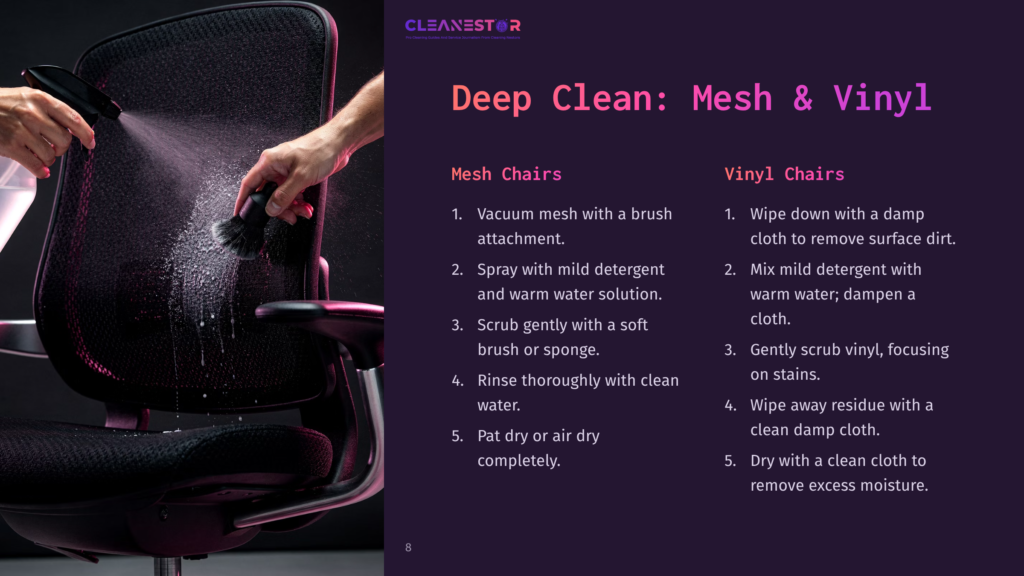 A Hand Using A Brush To Clean A Black Office Chair, With Cleaning Steps Listed On The Right In Purple And White Text.