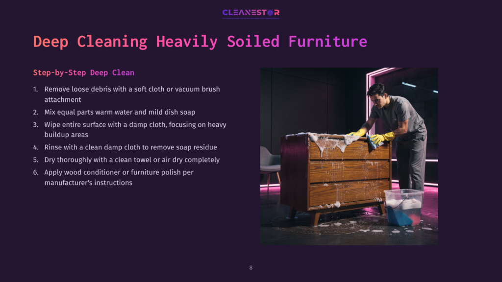 A Man In Grey Scrubs With Yellow Gloves Is Deep Cleaning A Vintage Wooden Dresser, Applying Soap And Water To The Drawers. Instructions For Cleaning Heavily Soiled Furniture Are On The Left, With The Cleanestor Logo At The Top.