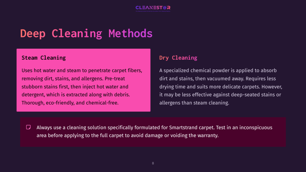 Two Sections Are Shown: &Quot;Steam Cleaning&Quot; With A Purple Background And &Quot;Dry Cleaning&Quot; On A Pink Background, Detailing Methods For Carpet Care.