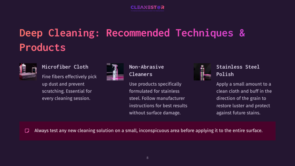 Text On A Dark Background Highlighting Cleaning Techniques And Products For Black Stainless Steel, With Sections On Cloth, Cleaners, And Polish.