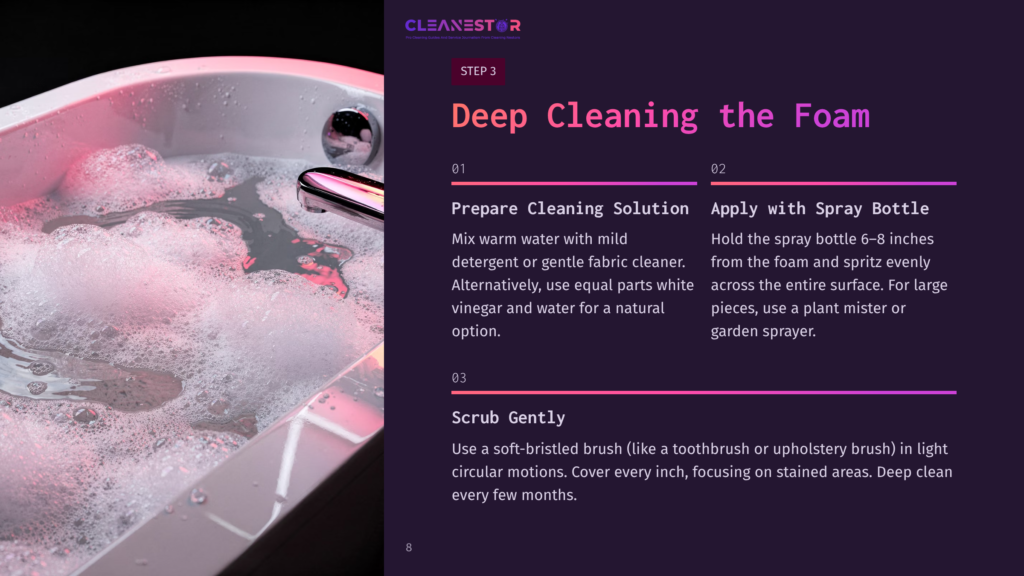 Step 3: Deep Cleaning The Foam. A Bathtub Filled With Sudsy Water And A Chrome Faucet, With Instructions On Preparing And Applying Cleaning Foam.