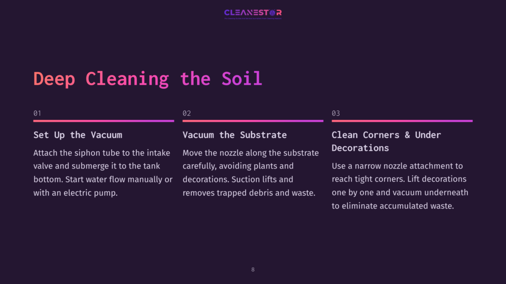 Instructional Graphic Outlining Steps For Cleaning Aquarium Soil, Featuring Numbered Sections With Purple Accents And Clear Text Instructions.