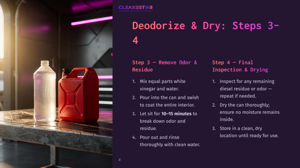 A Red Gas Can And A Clear Bottle Of Liquid On A Dark Surface With Purple Lighting, Accompanied By Instructions For Cleaning.