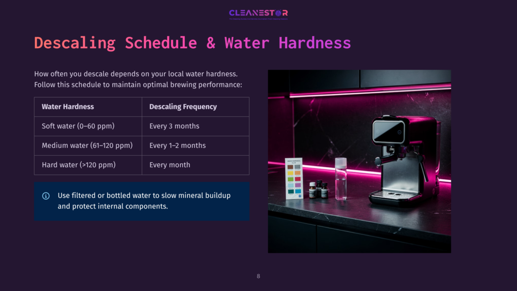 8 Descaling Schedule And Water Hardness A Modern Espresso Machine Sits On A Dark Countertop, Flanked By Bottles And A Water Hardness Test Strip. The Text &Quot;Descaling Schedule &Amp; Water Hardness&Quot; Is Prominent.