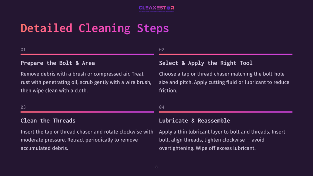 Detailed Cleaning Steps For Bolt Threads: Prepare Bolt, Clean Threads, Select &Amp; Apply Tool, Lubricate &Amp; Reassemble. Includes Text In English.