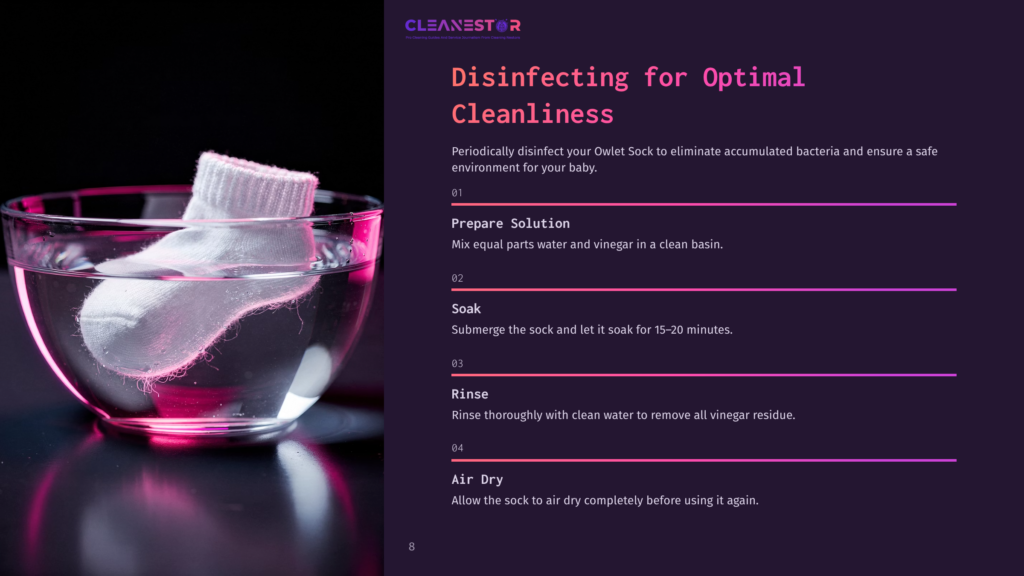 A Pink-Lit Bowl With A White Sock Submerged In Liquid, Alongside Cleaning Steps For Maintaining The Owlet Sock'S Hygiene.