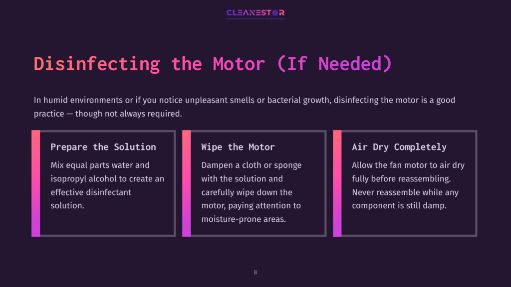 Three-Step Guide On Disinfecting A Fan Motor, Featuring Bold Headers And Colorful Sections: Prepare Solution, Wipe The Motor, Air Dry.