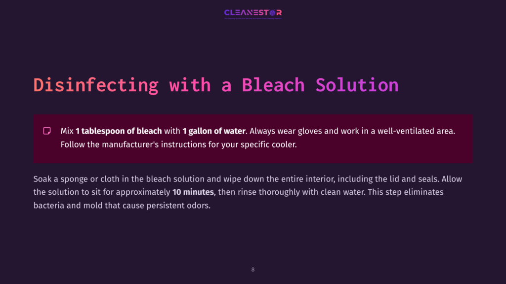 Dark Purple Background With White Text Outlining Disinfecting Instructions Using Bleach. A Detailed Method For Cleaning Coolers Is Visible.