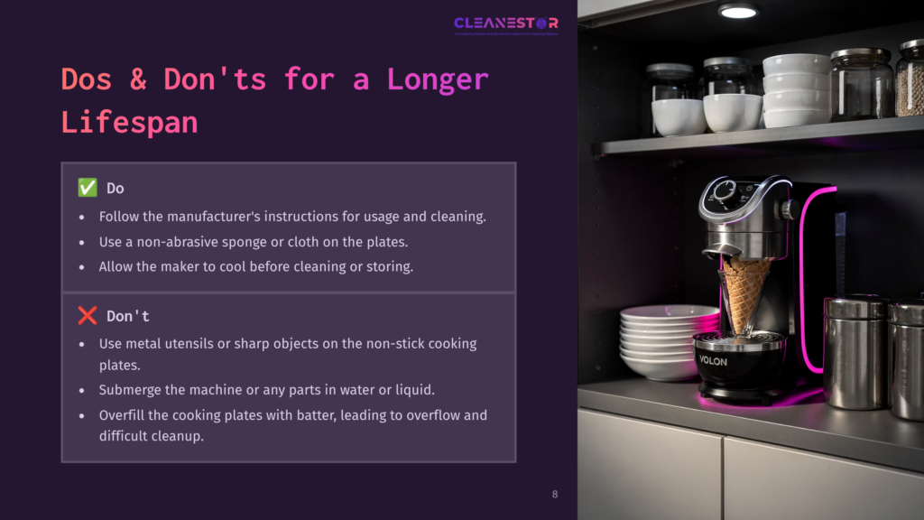 A Waffle Cone Maker On A Shelf With White Plates, Accompanied By Cleaning Tips In A Dark Purple Layout With Bold Text.