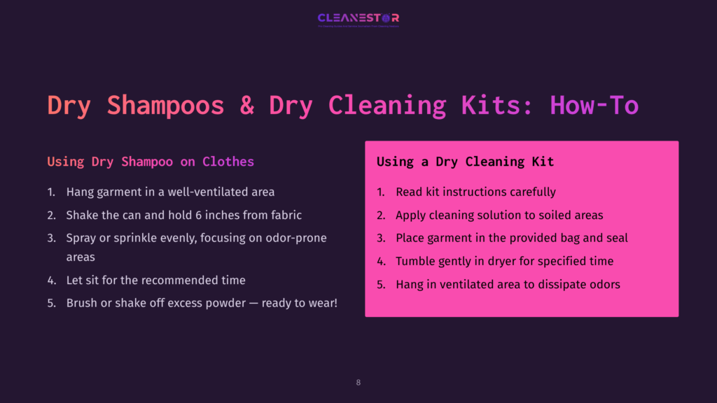 8 Dry Shampoos And Dry Cleaning Kits How To A Dark Purple Background Features Text On Dry Shampoos And Cleaning Kits. Key Points In Pink And White Highlight Cleaning Steps And Tips.
