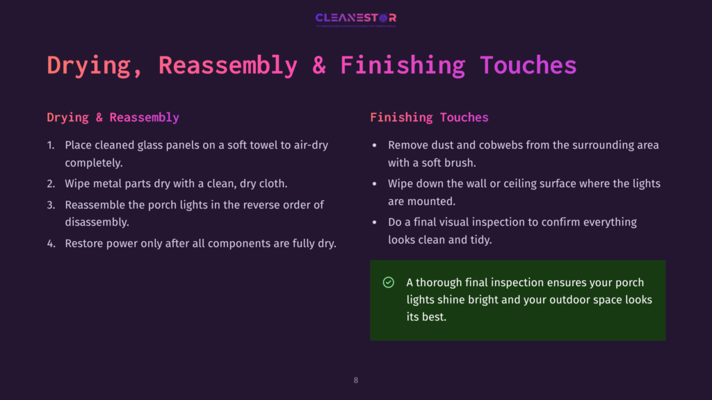 Cleanestor Logo And Text Detailing Steps For Drying, Reassembly, And Finishing Touches For Porch Lights, Including Cleaning Glass Panels And Metal Parts.