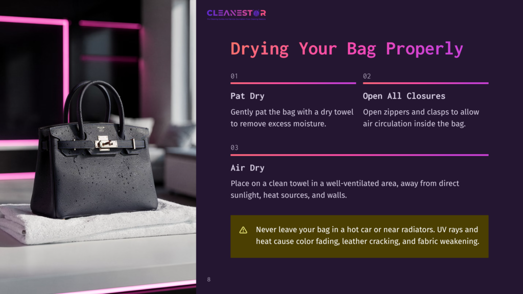 Dark Blue Pebbled Leather Handbag With Water Droplets, Resting On A White Towel. Text Overlay Provides Drying Instructions For Bags.