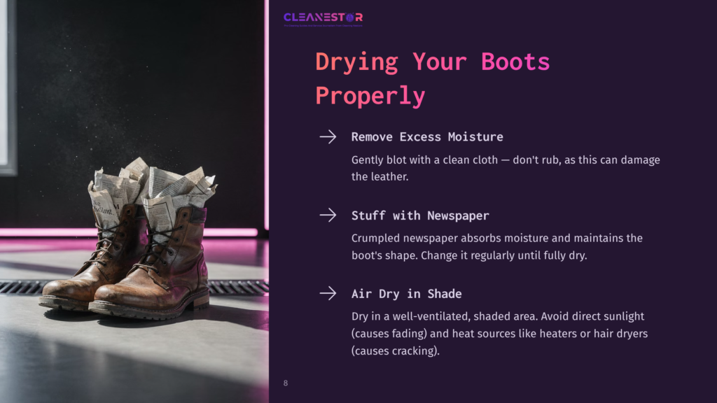 8 Drying Your Boots Properly Two Well-Worn Leather Boots Are Stuffed With Crumpled Newspaper, With A Fine Mist Of Water Sprayed Around Them. Text Reads: &Quot;Drying Your Boots Properly&Quot; And Lists Steps Like &Quot;Remove Excess Moisture&Quot; And &Quot;Air Dry In Shade.