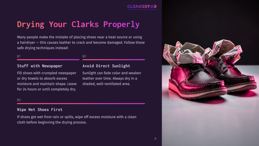 Close-Up Of Two Dark Brown Leather Clarks Shoes Stuffed With Crumpled Newspaper To Dry, With A Soft Pink And Purple Gradient Background And Text Overlay On The Left.