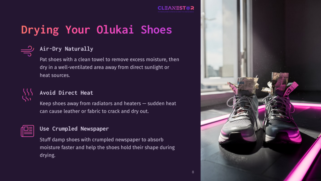 Two Olukai Shoes Are Drying On A Windowsill, Stuffed With Crumpled Newspaper, With A City Skyline Visible Through The Window. Text On The Left Guides On How To Dry Olukai Shoes Naturally.