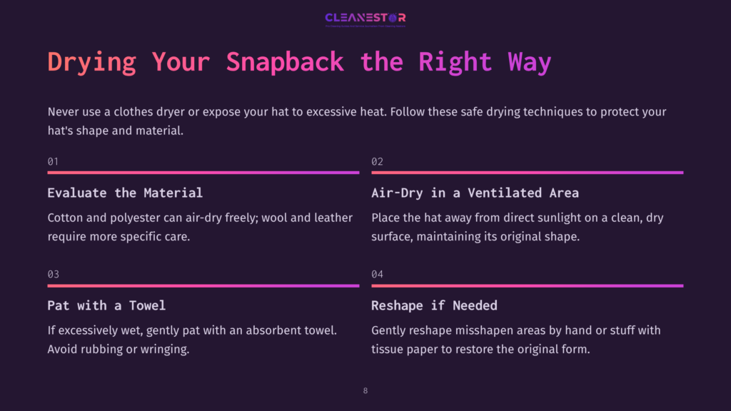 8 Drying Your Snapback The Right Way Infographic Titled &Quot;Drying Your Snapback The Right Way&Quot; With Four Steps: Evaluate The Material, Air-Dry In A Ventilated Area, Pat With A Towel, And Reshape If Needed. The Text Provides Tips For Safely Drying Hats.