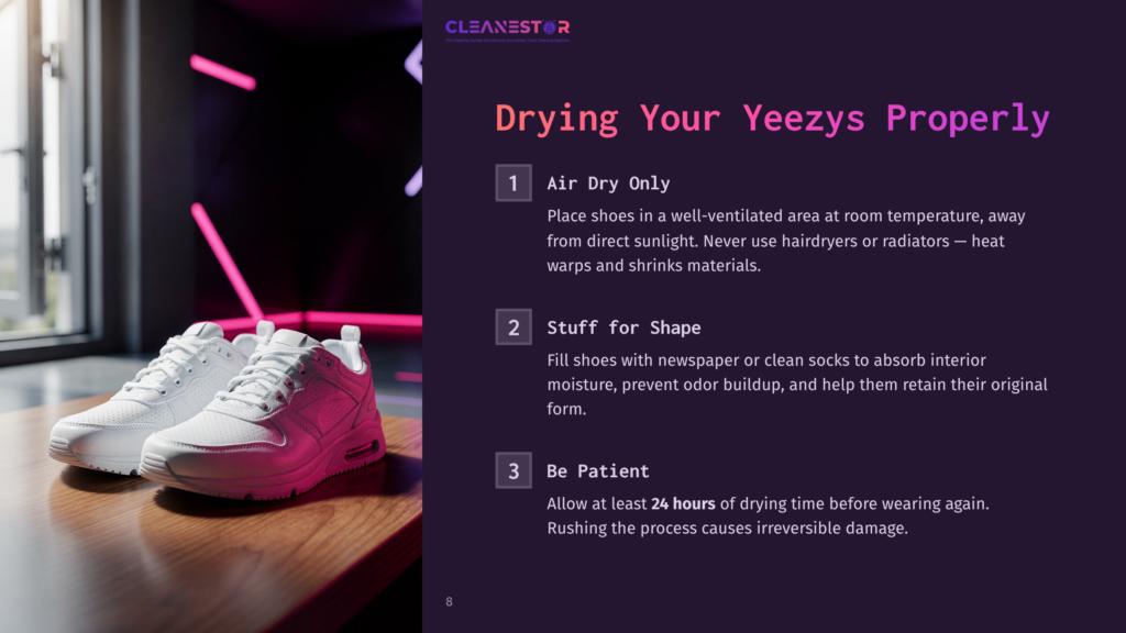 Two Pristine White Yeezy Sneakers Sit On A Wooden Surface, With Text Overlay Providing Tips On How To Dry Yeezys Properly, Including Air Drying And Stuffing Them With Socks Or Paper.