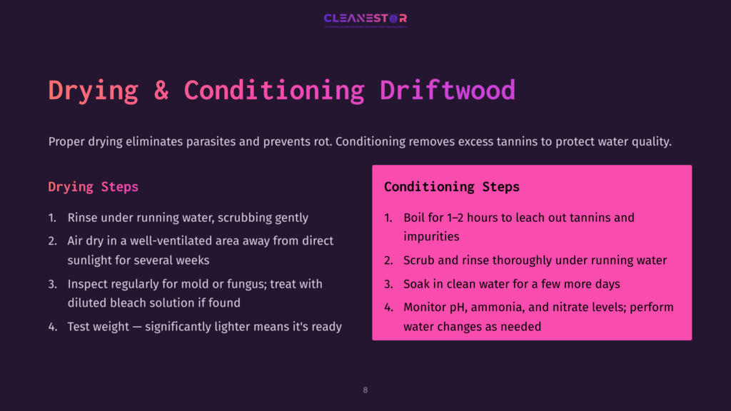 8 Drying And Conditioning Driftwood A Step-By-Step Guide On Cleaning Driftwood, Featuring White Text On A Dark Background, With Highlighted Pink Boxes For Key Steps And Instructions.