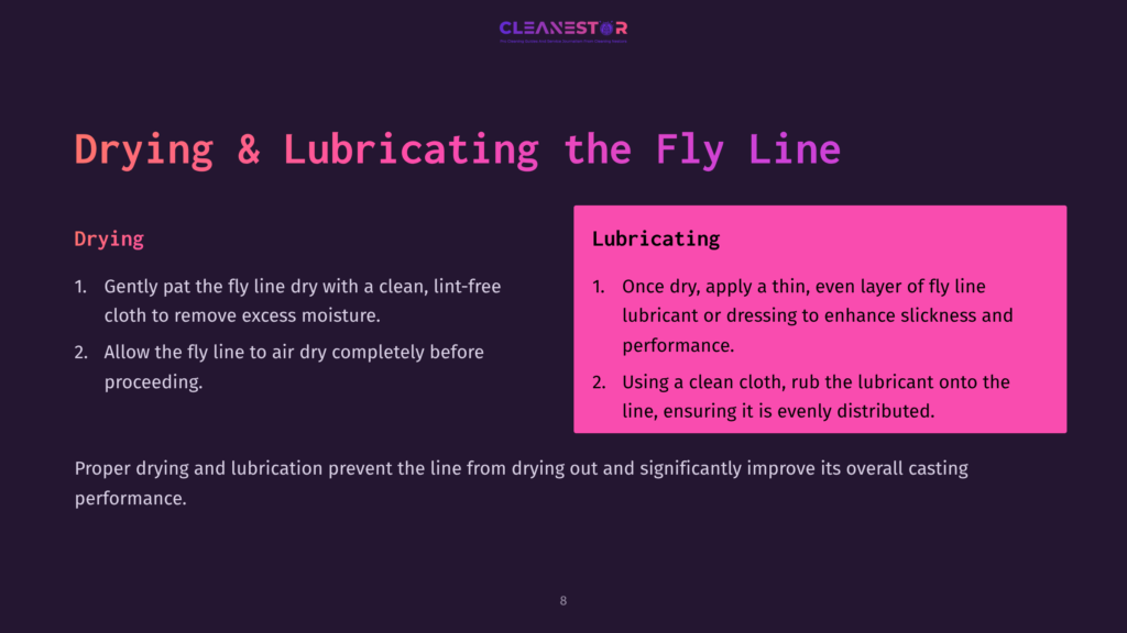 Instructions On Cleaning A Fly Line, With Steps For Drying And Lubricating Highlighted In Pink And White Text On A Dark Background.