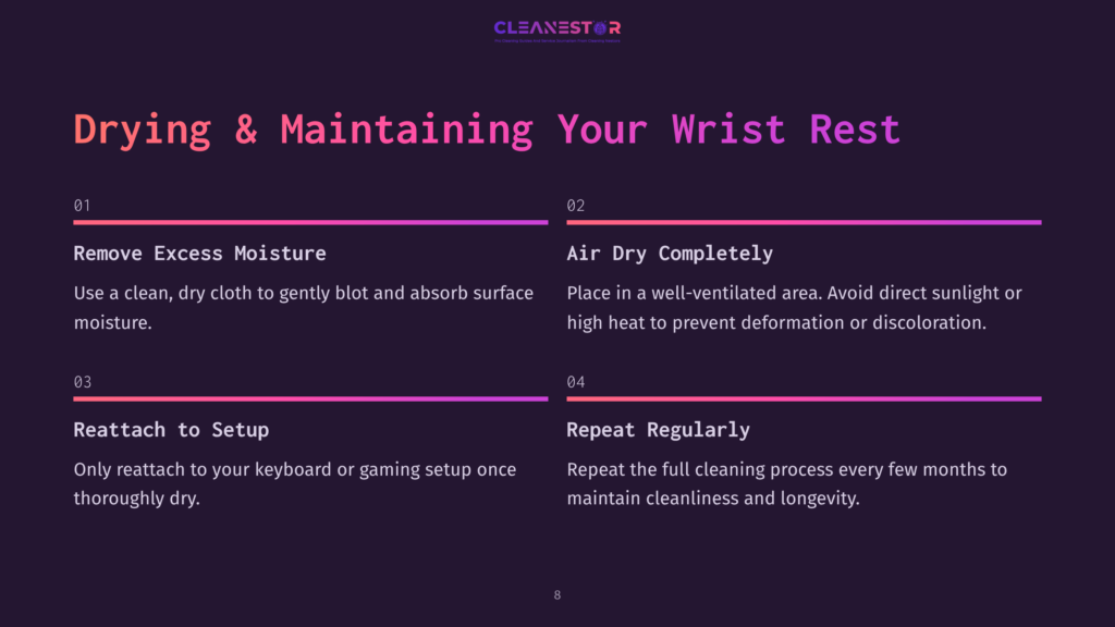 Two-Column Layout With Purple Sections. Steps For Cleaning A Wrist Rest: Remove Moisture, Air Dry, Reattach To Setup, And Repeat Regularly.