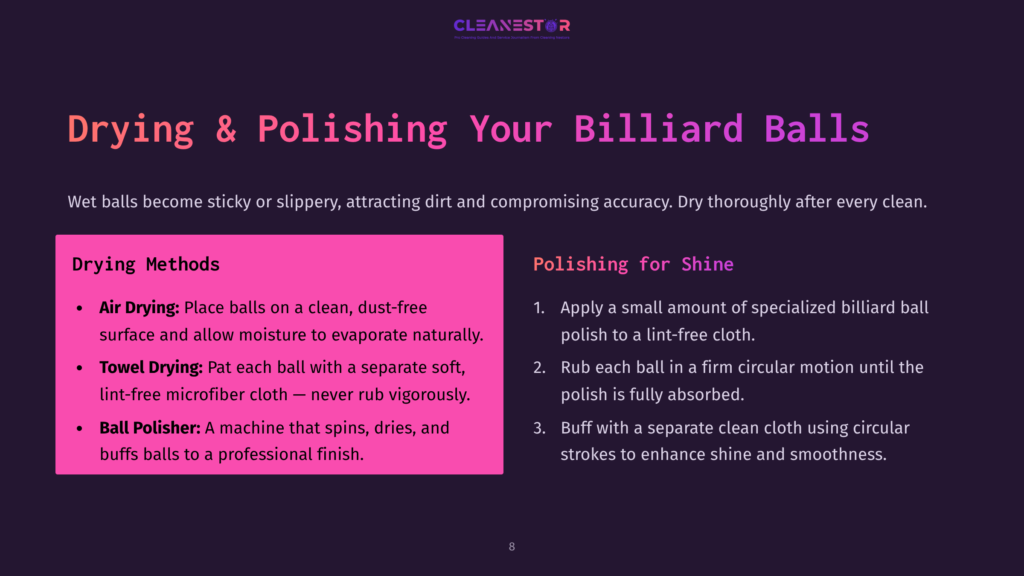 Instructions For Cleaning Billiard Balls On A Clean, Dust-Free Surface, With Steps Outlined In Pink Text And A Light Background.