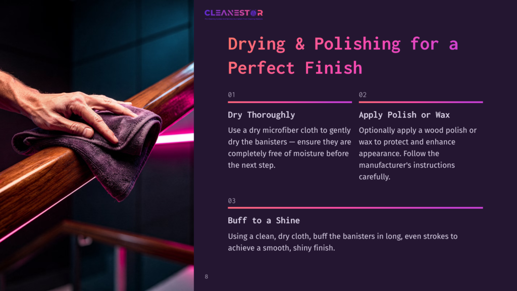 Close-Up Of A Hand In A Dark Purple Microfiber Cloth Polishing A Wooden Banister, With Soft Pink And Blue Neon Lights Reflecting On The Wood, Illustrating The &Quot;Drying &Amp; Polishing For A Perfect Finish&Quot; Process.