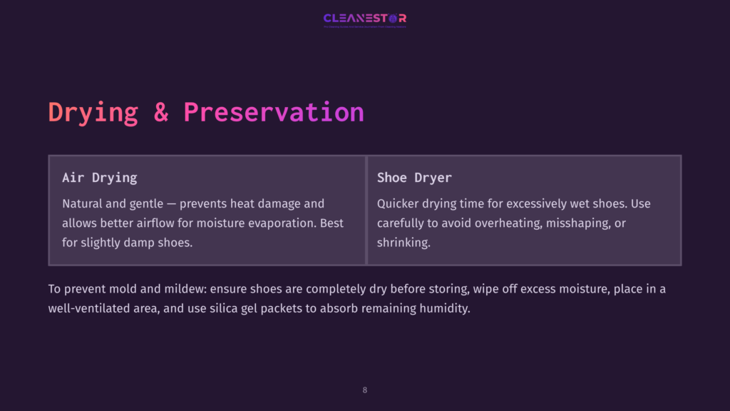 Two Sections Titled &Quot;Air Drying&Quot; And &Quot;Shoe Dryer&Quot; On A Dark Purple Background, Outlining Methods For Drying Sas Shoes Effectively.