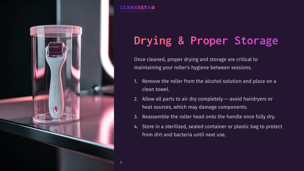 A Pink Derma Roller In A Clear Storage Container, Set Against A Dark Background With Purple Text Detailing Cleaning Tips.