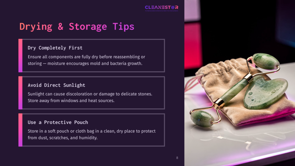 A Jade Roller And Gua Sha Tool On A Shiny Surface Next To A Soft Pouch, With Storage Tips Outlined In A Sleek Purple Layout.