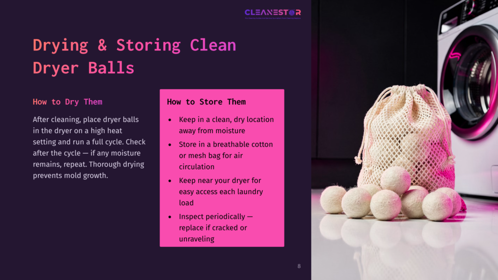 A Mesh Bag Containing Dryer Balls Sits Beside A Washing Machine, With Text Outlining Tips On Drying And Storing Dryer Balls.