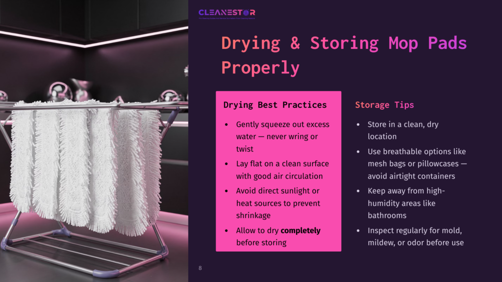 White Mop Pads Hang On A Drying Rack With A Pink Background. The Layout Includes Best Practices And Storage Tips In Contrasting Text Boxes.
