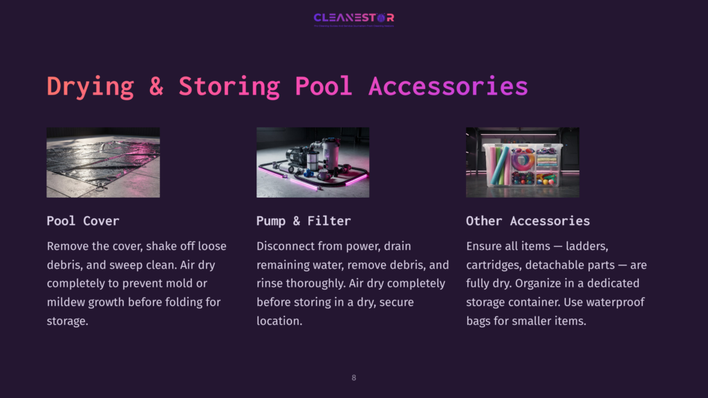8 Drying And Storing Pool Accessories Pool Cover Drying On A Patio. Another Image Shows A Pool Pump And Filter System. The Third Image Displays A Collection Of Pool Accessories Like A Ladder, Pool Noodles, And A Deflated Pool Float In A Storage Bin.