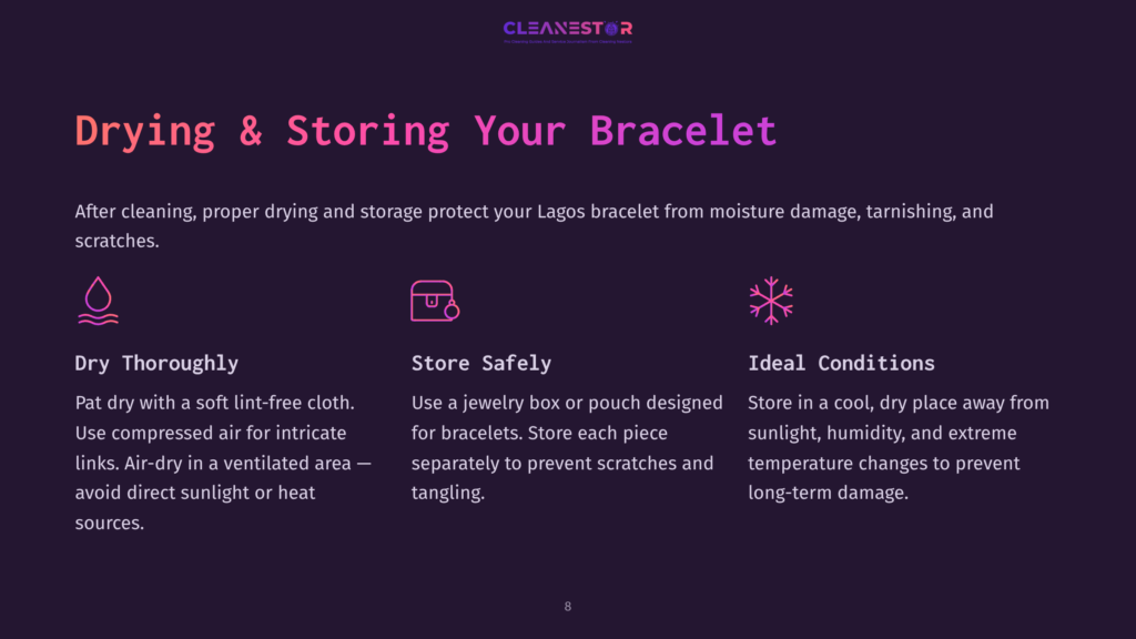 8 Drying And Storing Your Bracelet Instructional Text On Drying And Storing A Bracelet, Featuring Purple Background, White Headings, And Icons For Drying, Storage, And Conditions.