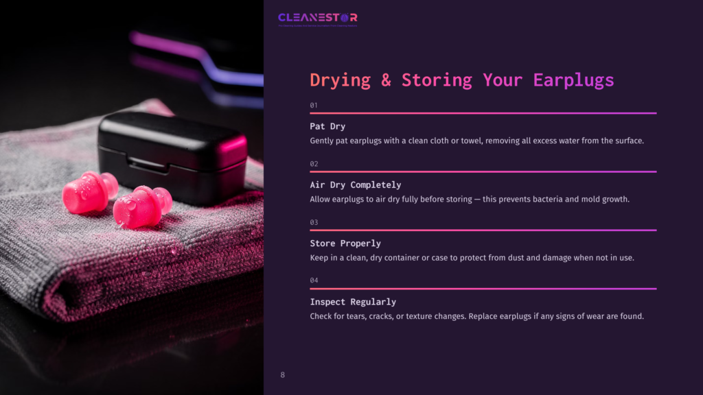 Bright Pink Earplugs Sit On A Textured Gray Towel Next To A Black Charging Case, With Text Overlay Describing How To Dry And Store Earplugs.