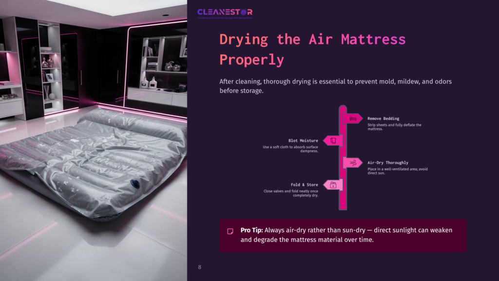 An Inflated Air Mattress Rests On A White Floor In A Modern Room With Purple Neon Lighting. Text On The Right Explains How To Dry An Air Mattress, With Steps Like &Quot;Blot Moisture&Quot; And &Quot;Air-Dry Thoroughly.