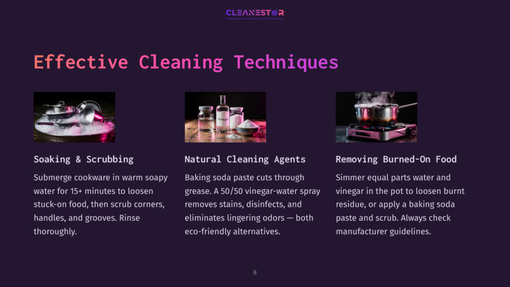 Three Sections On Cleaning Techniques: Soaking Cookware, Using Natural Agents, And Removing Burnt Food, With Images Of Cleaning Supplies And Cookware.