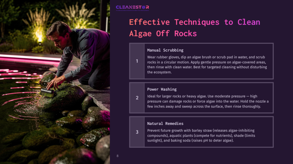 A Person Scrubbing Algae Off Dark, Textured Rocks In A Pond, With Pink Lighting Highlighting The Water And Surrounding Area.