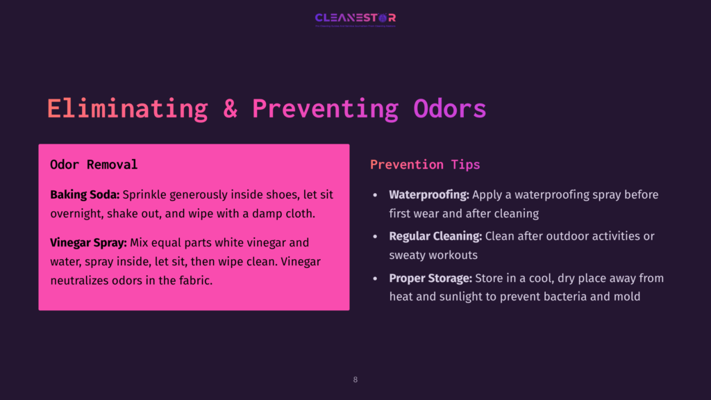 A Slide With A Pink Background Detailing Odor Removal And Prevention Tips For Shoes, Including Baking Soda And Vinegar Cleaning Methods.