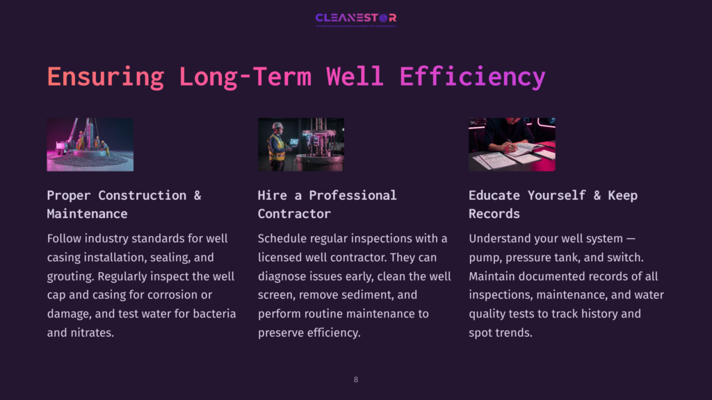 Three Sections On Ensuring Long-Term Well Efficiency: Proper Construction &Amp; Maintenance, Hire A Professional Contractor, And Educate Yourself &Amp; Keep Records.