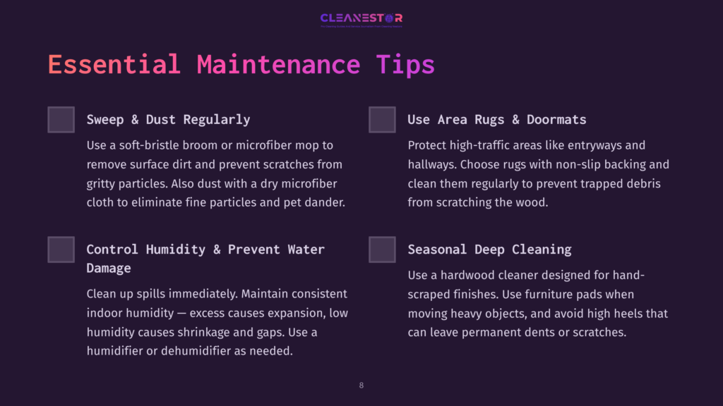 Essential Maintenance Tips For Hardwood Floors: Sweep &Amp; Dust Regularly, Use Area Rugs &Amp; Doormats, Control Humidity &Amp; Prevent Water Damage, Seasonal Deep Cleaning. The Image Features The Cleanestor Logo And Four Distinct Tips For Hardwood Floor Maintenance.
