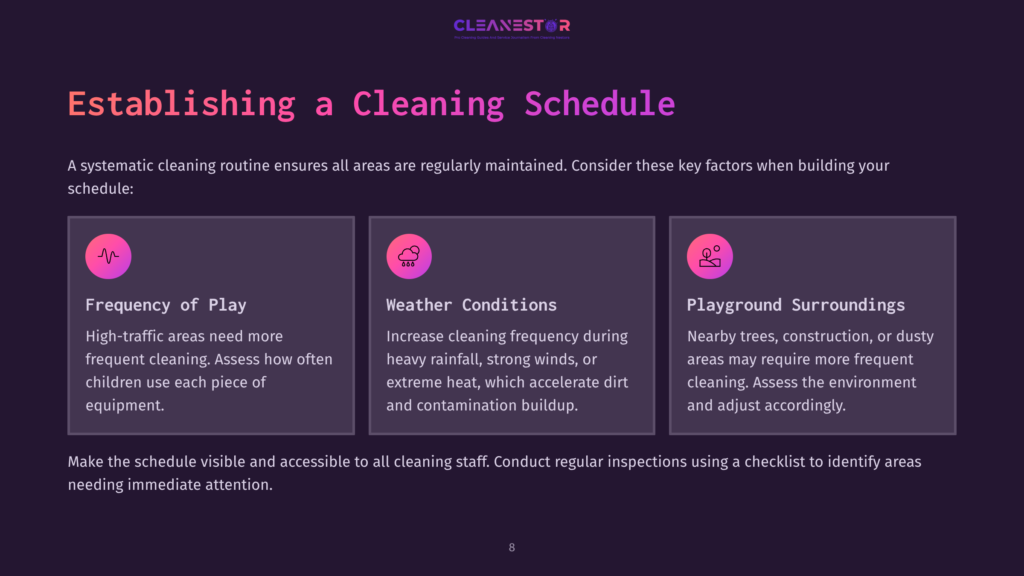 8 Establishing A Cleaning Schedule Establishing A Cleaning Schedule: Three Key Factors For Playground Maintenance: Frequency Of Play, Weather Conditions, And Playground Surroundings. Icons Represent Each Factor.
