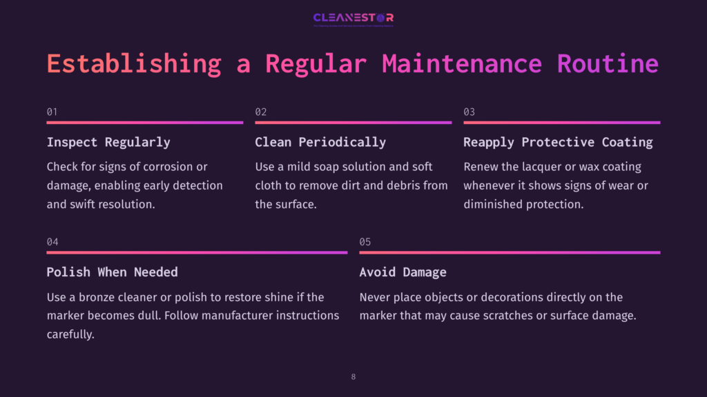 Dark Background With White And Pink Text Outlining Steps For Maintaining A Bronze Grave Marker, Including Inspecting, Cleaning, Polishing, And Protecting.
