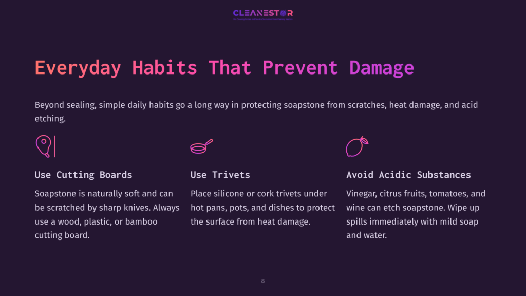 8 Everyday Habits That Prevent Damage Text On A Dark Background Outlines Habits To Protect Soapstone Countertops, Featuring Colorful Icons For Cutting Boards, Trivets, And Acidic Substances.