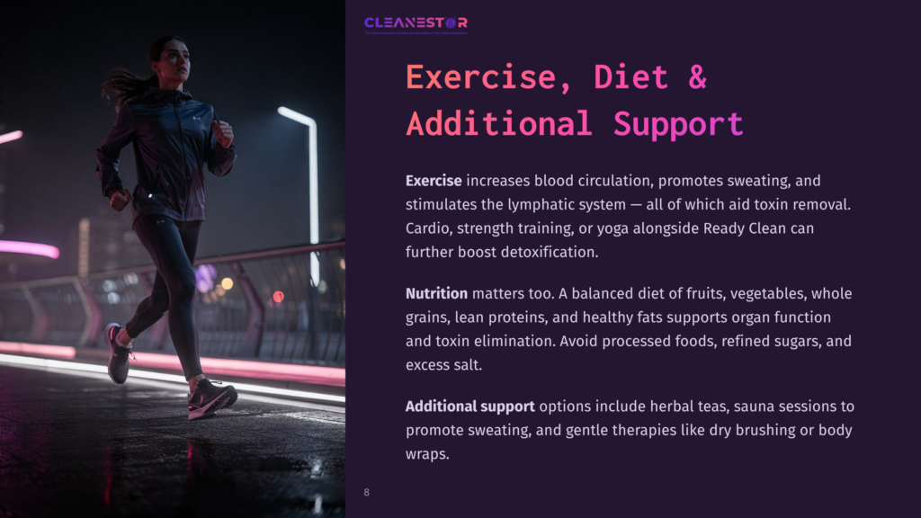 8 Exercise Diet And Additional Support Woman Running At Night On A Wet City Bridge, Illuminated By Streetlights And Glowing Neon Signs. Text Overlay: &Quot;Cleanestor Exercise, Diet &Amp; Additional Support.