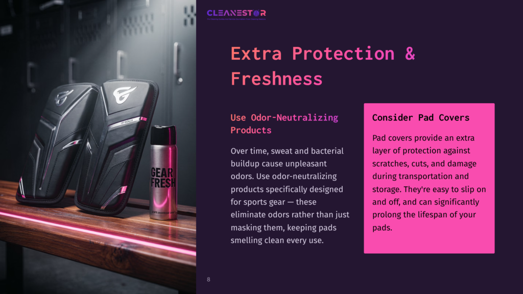 Black Goalie Pads Rest Next To A Pink Odor-Neutralizing Spray Bottle, With A Bold Purple Background And Informative Text On The Right.