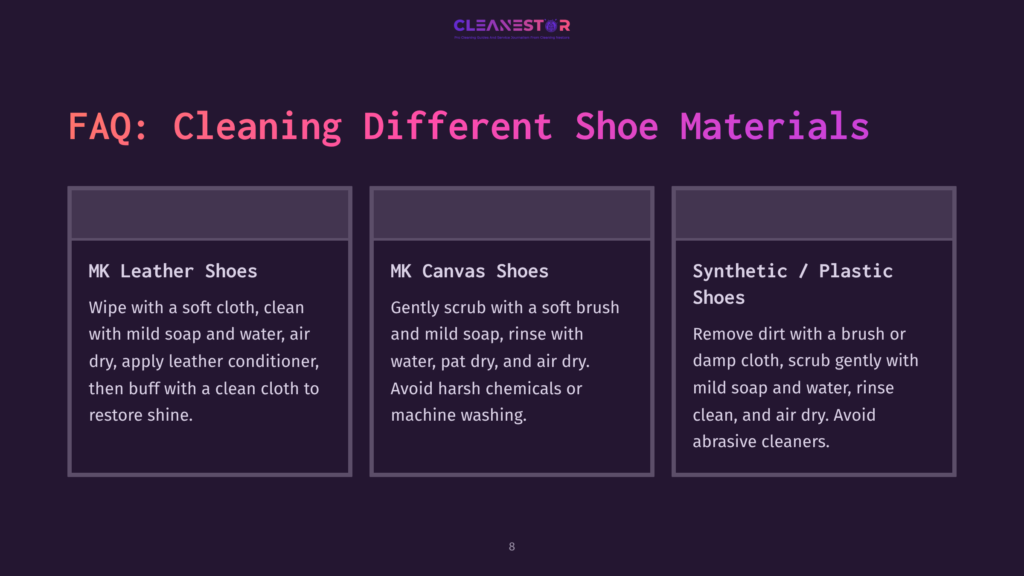 Three Sections Detailing Cleaning Methods For Different Shoe Materials: Leather, Canvas, And Synthetic, With A Dark Background And Clear Text.