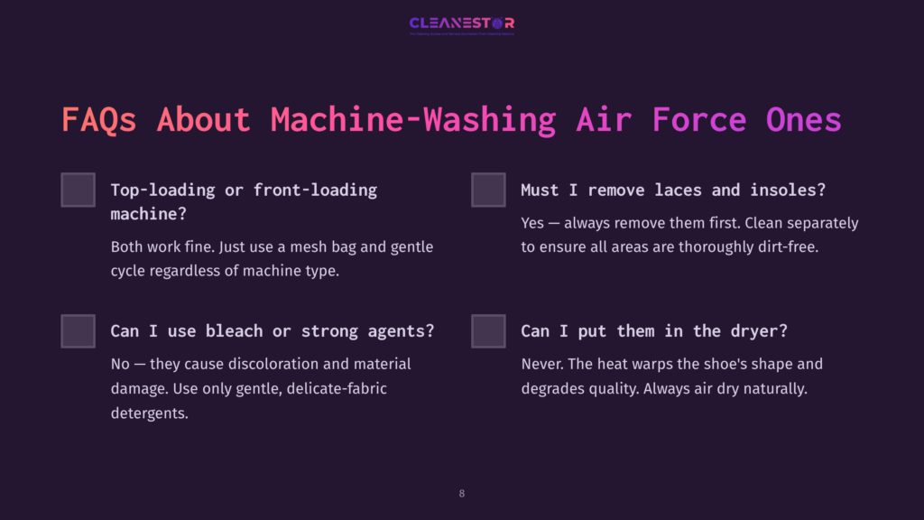 Text On A Dark Background Discussing Machine-Washing Air Force Ones, With Checkboxes For Tips On Laces, Cleaning Agents, And Drying Methods.