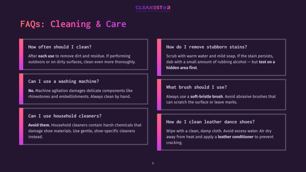 8 Faqs Cleaning And Care Faqs About Cleaning And Care For Shoes, With Questions About Frequency, Washing Machines, Household Cleaners, Stubborn Stains, Brushes, And Leather Care.
