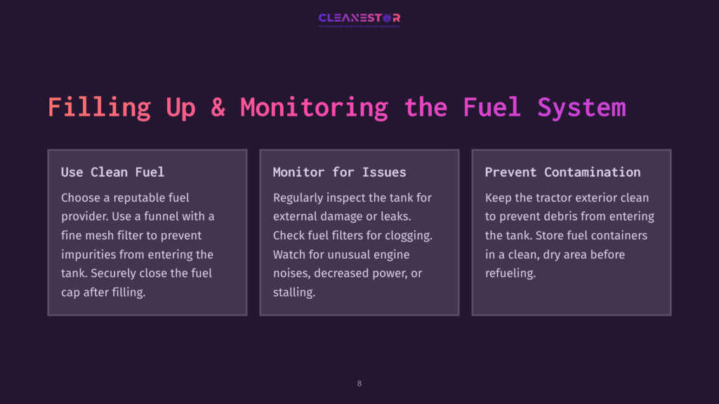 8 Filling Up And Monitoring The Fuel System A Dark Purple Background With Three White Text Boxes. The Title &Quot;Filling Up &Amp; Monitoring The Fuel System&Quot; Appears In Large, Bold White Text Above The Boxes. The Boxes Are Titled &Quot;Use Clean Fuel&Quot;, &Quot;Monitor For Issues&Quot;, And &Quot;Prevent Contamination&Quot;, With Bulleted Instructions Below Each Title.