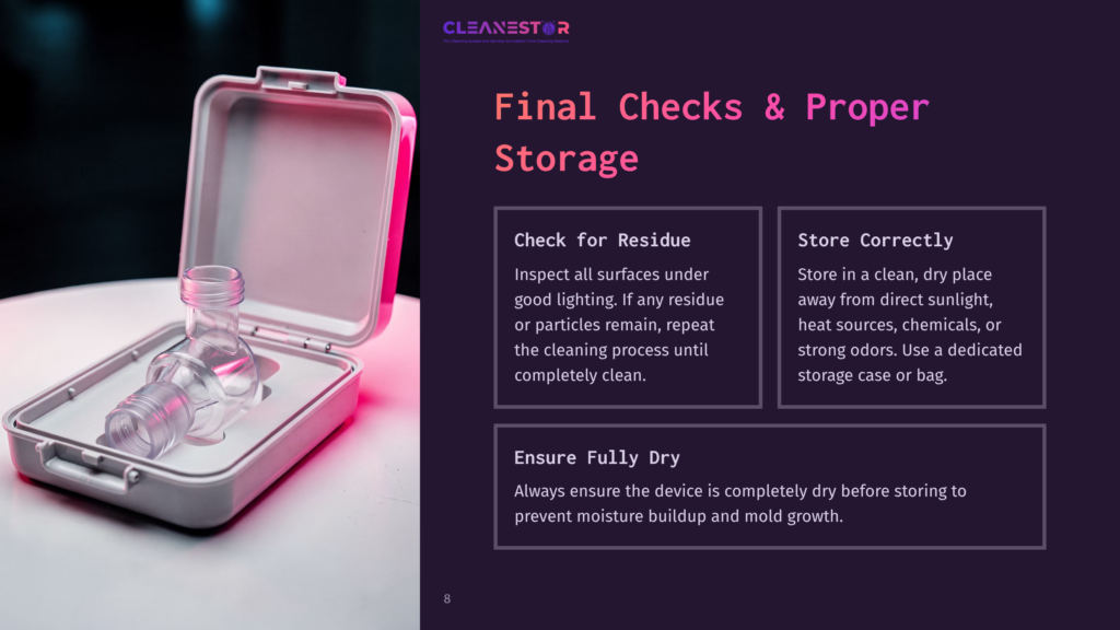 A Clear Plastic Component With A Threaded Neck Rests Inside An Open, White Plastic Case With A Pink Glow. The Image Is Accompanied By Text: &Quot;Final Checks &Amp; Proper Storage.